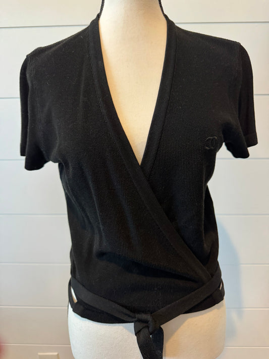 CHANEL Vintage 96P Black CC Wrap Top