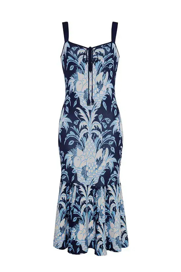 Cara Cara Jordan Knit Dress Navy Fruit Basket Blue White Resort Midi Dress | Size: Large