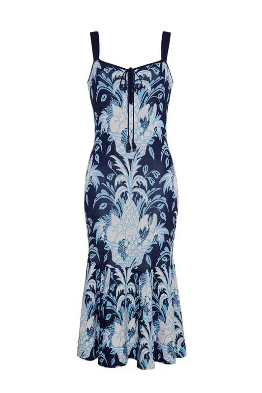 Cara Cara Jordan Knit Dress Navy Fruit Basket Blue White Resort Midi Dress | Size: Large
