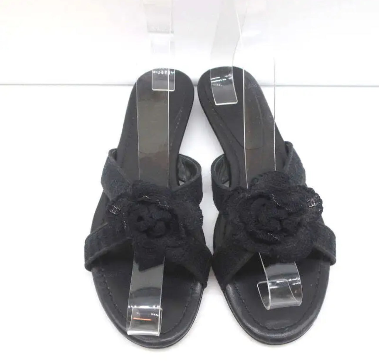 CHANEL Crochet Camelia Crisscross Black Slide Sandals Size: EU37.5/US 6.5-7