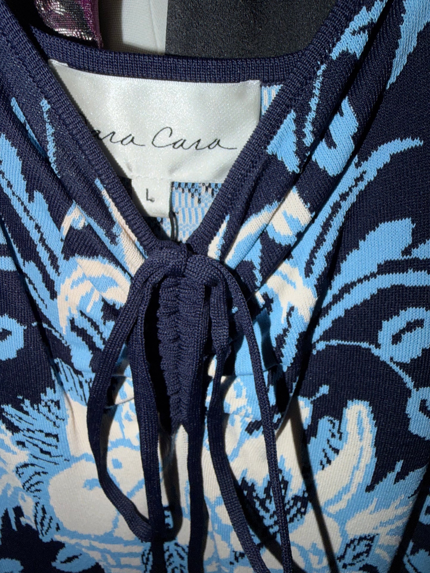 Cara Cara Jordan Knit Dress Navy Fruit Basket Blue White Resort Midi Dress | Size: Large