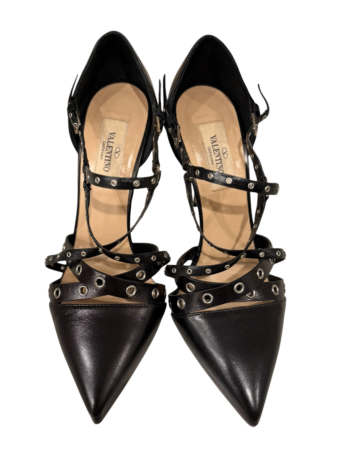 Valentino Garavani Black Leather Studded Pointed-Toe Pumps – Size 37.5