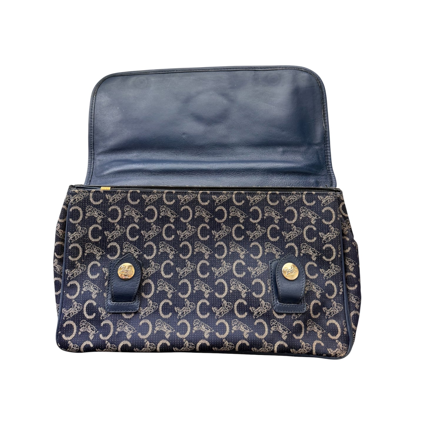 Vintage Celine Monogram Horse Carriage Top Handle Bag – Navy Canvas & Leather Satchel | Made in Italy