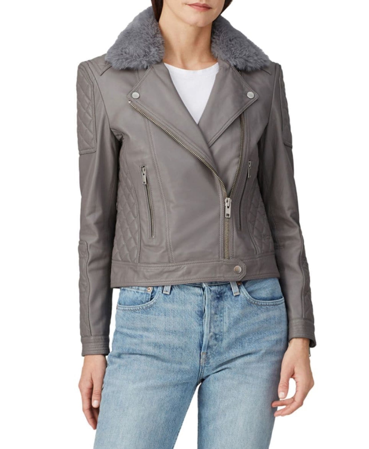 Samantha Sipos Quilted Grey Leather Biker Jacket (Pre-Loved) Size: XS