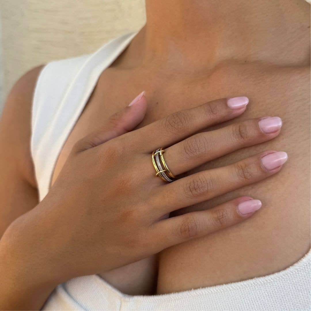 14k Gold and Silver Plated Connected 3-Piece Ring Stack: 6