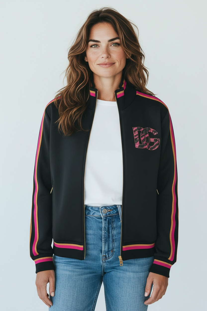 Dolce & Gabbana DG Embellished Logo Track Jacket Black Pink Gold Size 42 / US 6 / New