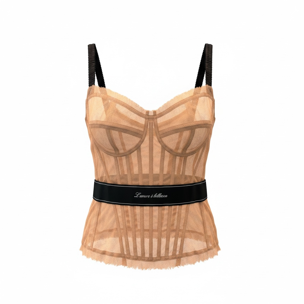 Dolce & Gabbana Nude Sheer Corset Bustier Top with Black Straps | NWT IT 48 | US 12