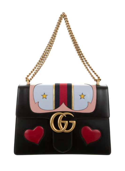 GUCCI Web Heart Medium Black Calfskin GG Marmont Chain Handle Bag (New)