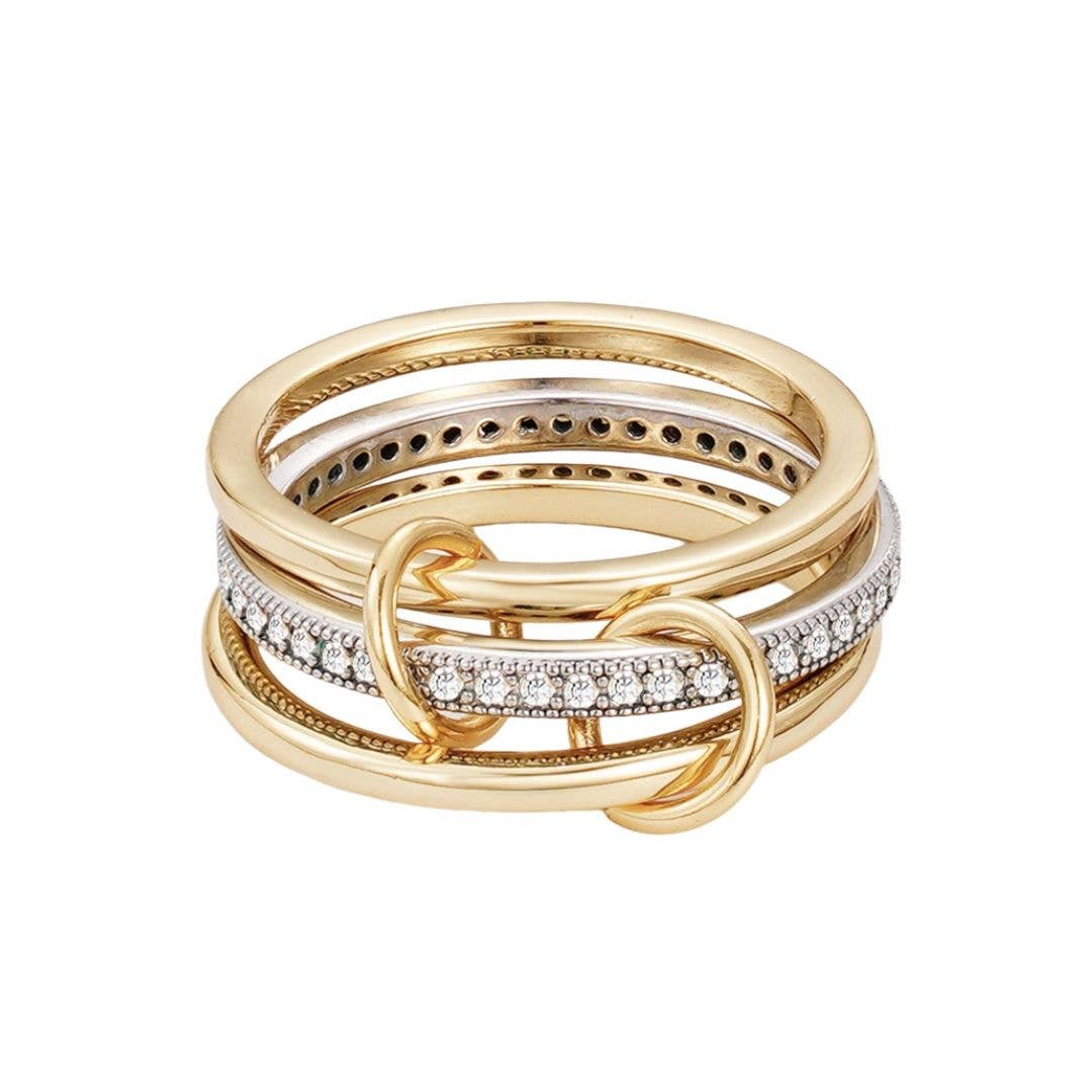 14k Gold and Silver Plated Connected 3-Piece Ring Stack: 6
