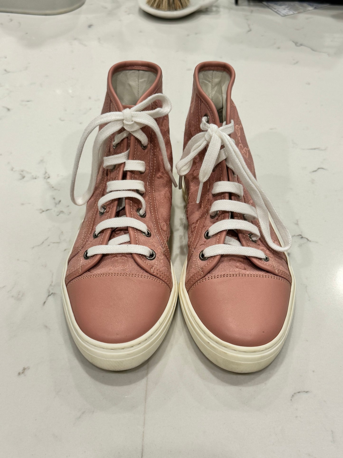 GUCCI GG Pink High Top Canvas and Leather Sneakers Size: 36.5 (Preloved)