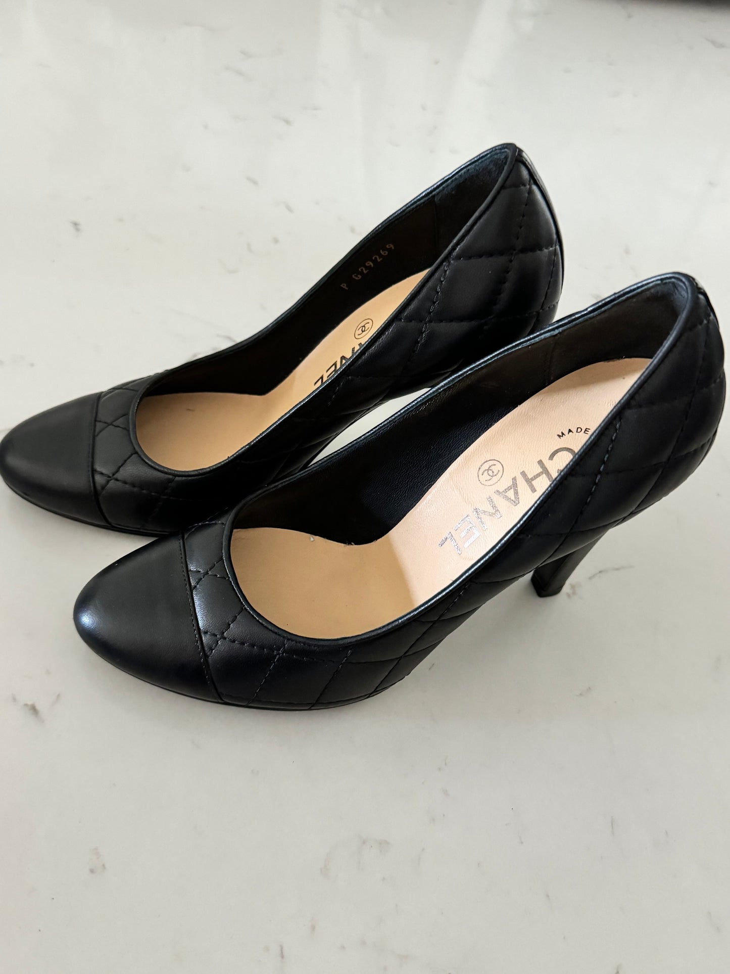 CHANEL Lambskin Quilted Black CC Cap Toe Pumps (Pre-Loved) Size: 35/US 5