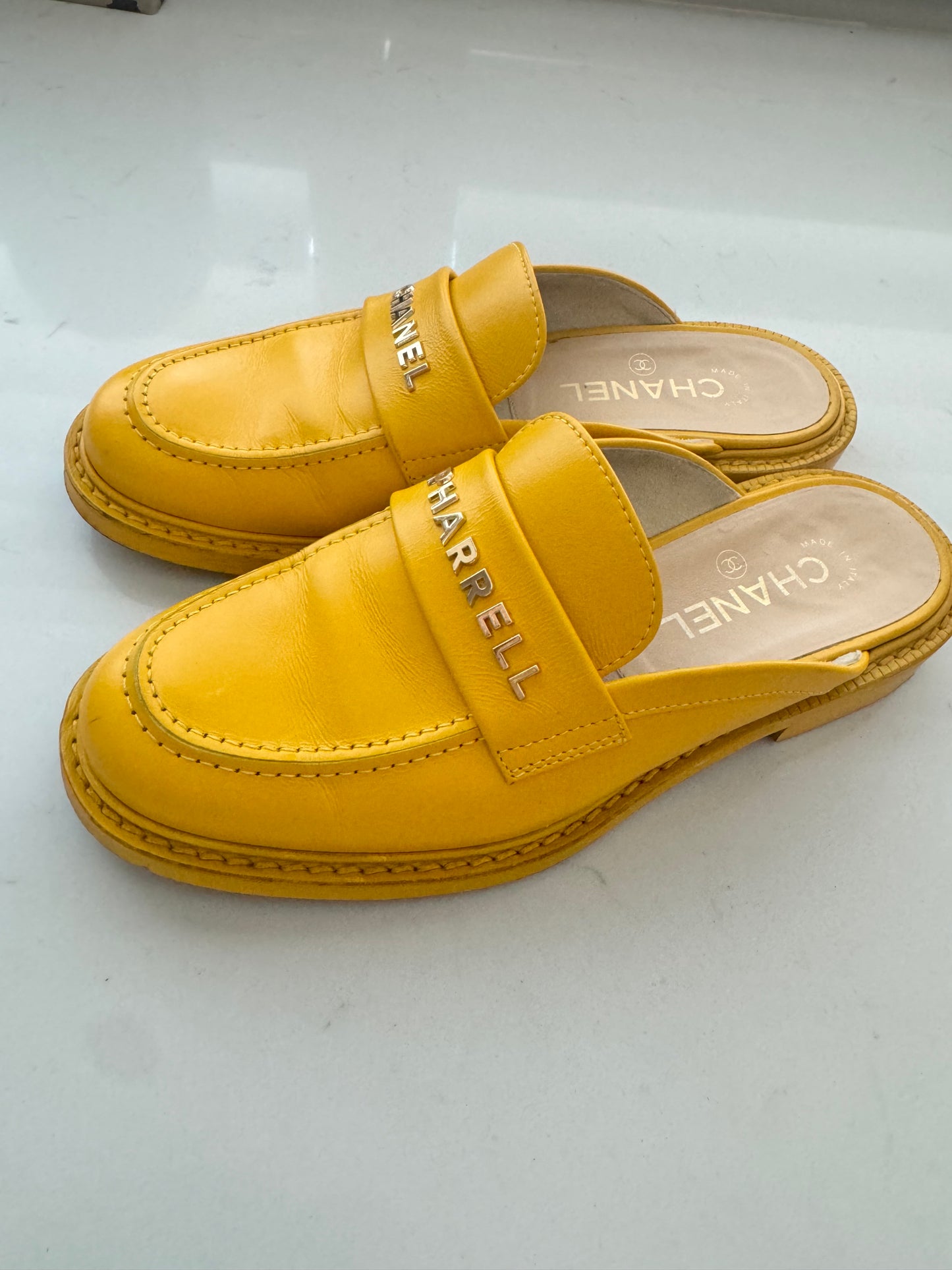 2019 Chanel "Pharrell" Jaune Leather Mules (Pre-Loved) Size: 7