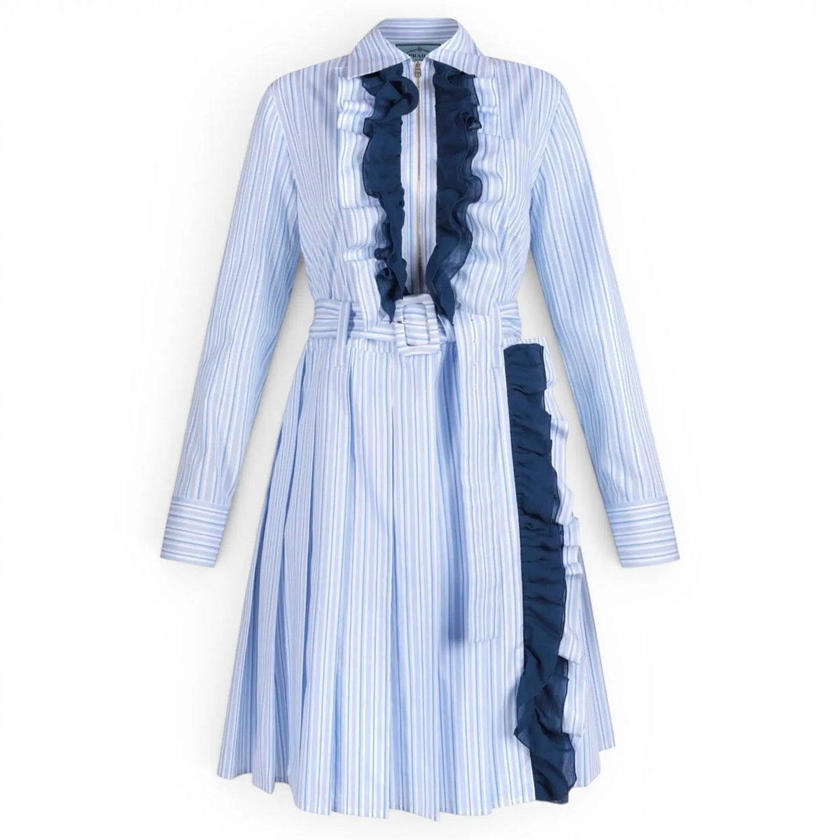 Prada Ruffle-Trimmed Striped Cotton Shirt Dress | IT 48 / US 12