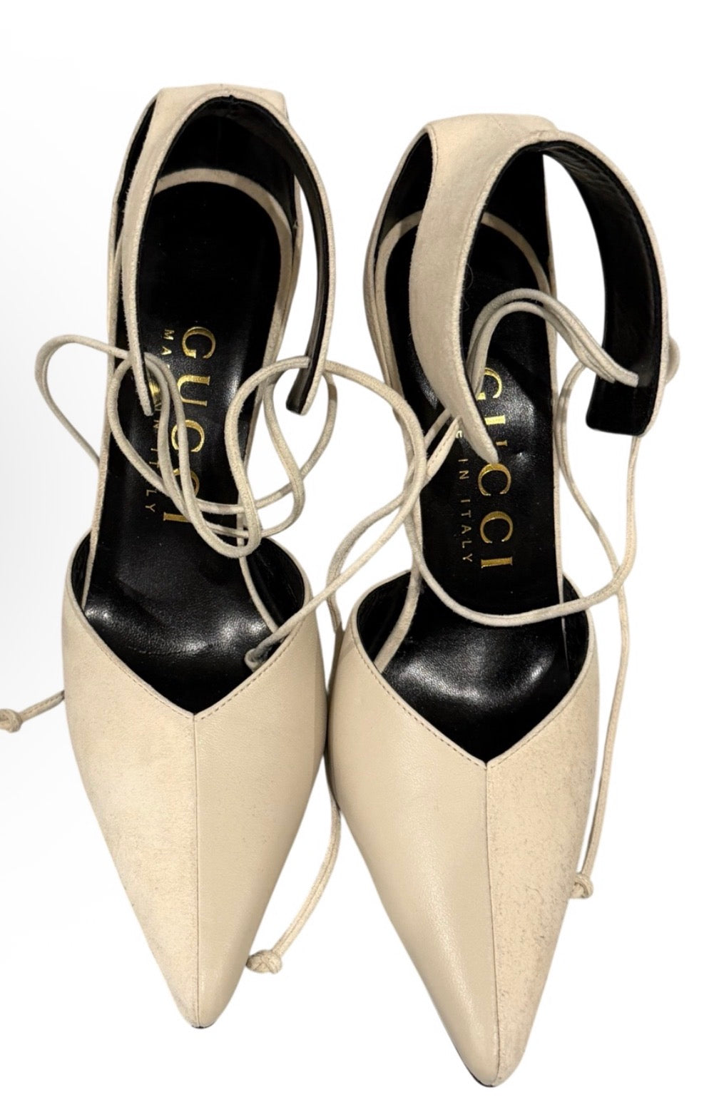 Gucci Ivory Lace-Up Pointed-Toe Pumps with Gold-Tone Heel | Size 37