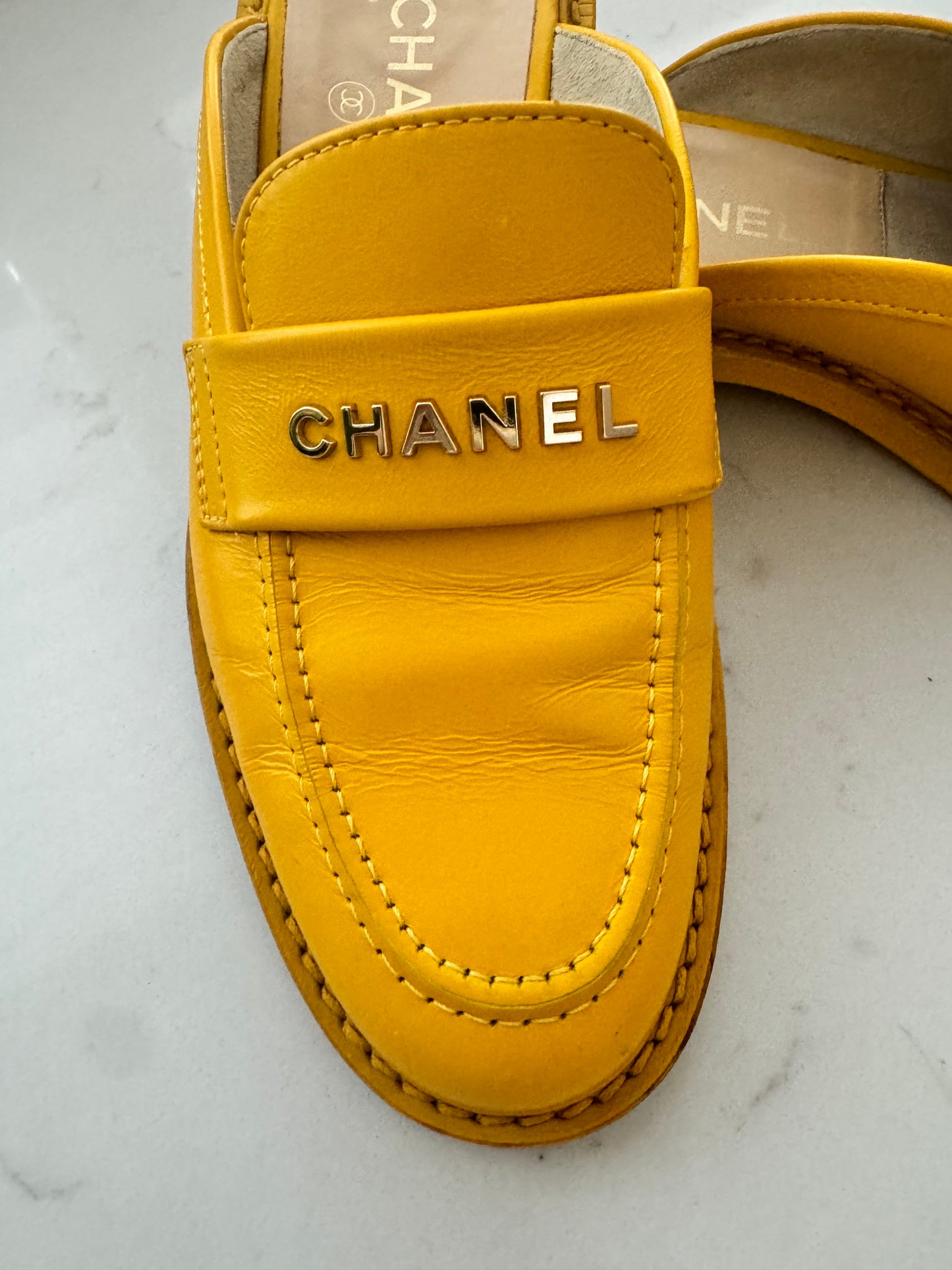 2019 Chanel "Pharrell" Jaune Leather Mules (Pre-Loved) Size: 7