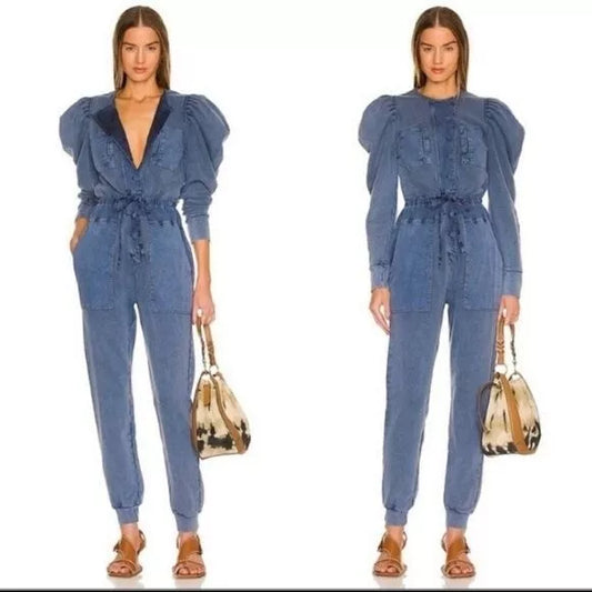 ULLA JOHNSON Sadie Puff-Sleeve Jumpsuit in Indigo Acid (Pre-Loved) Size: M