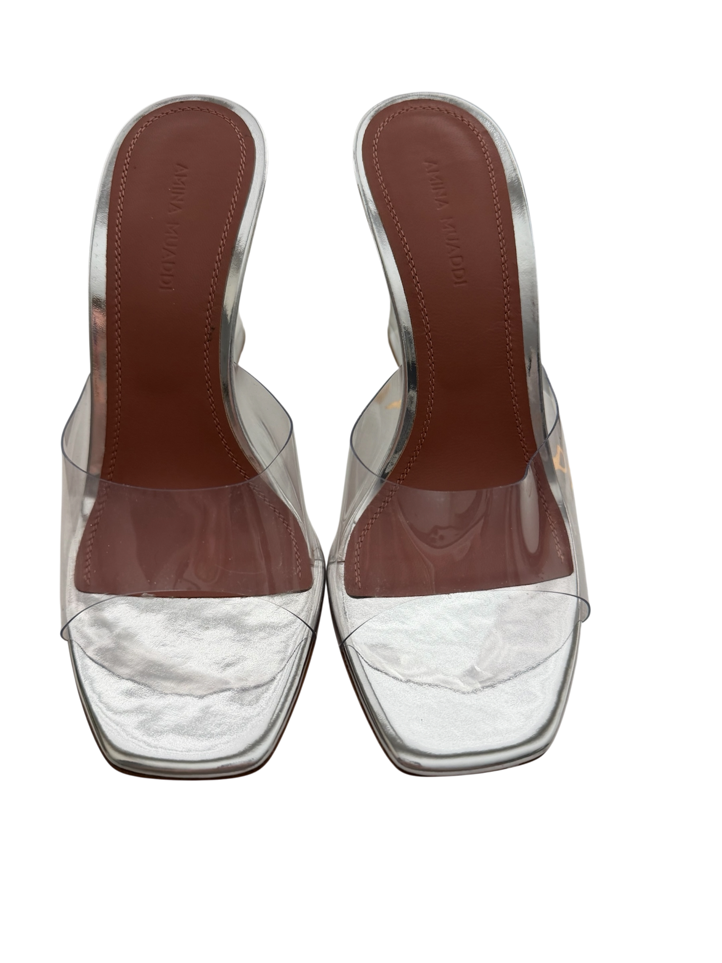 Amina Muaddi Clear PVC & Silver Mirror Wedge Sandals – Size 36.5 – NIB