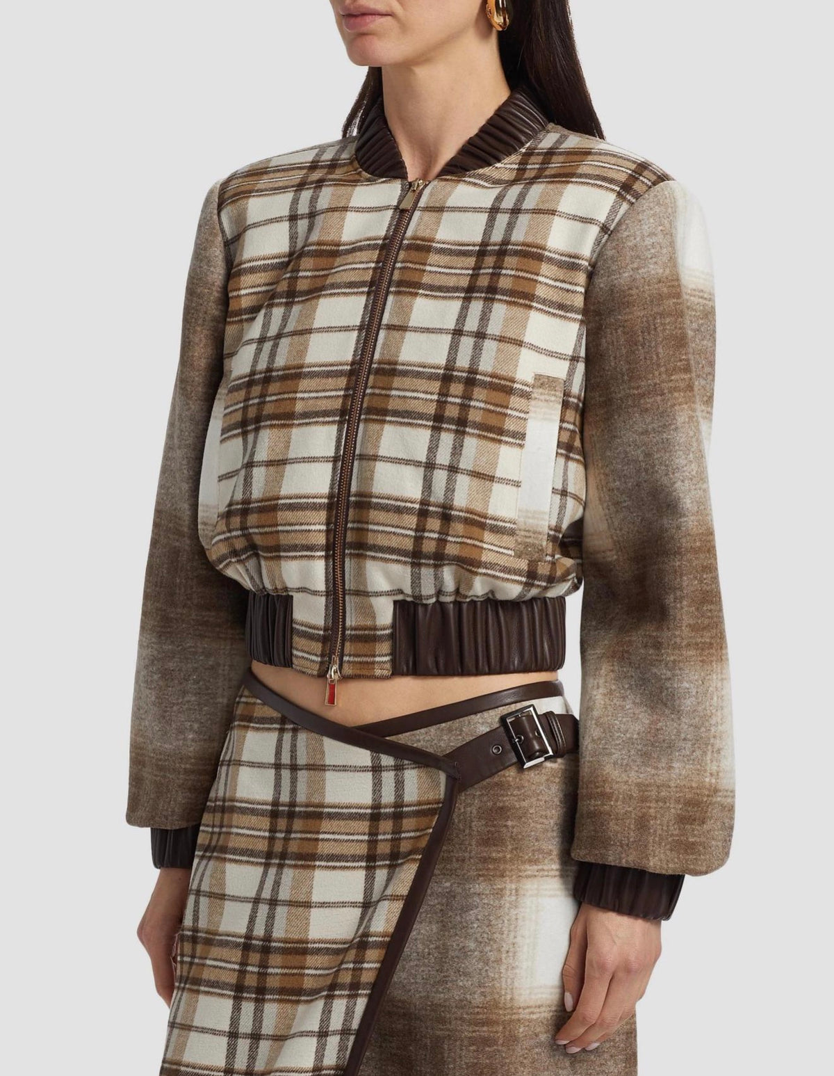 TOCCIN Mixed Plaid Bomber Jacket – Brown & Cream | XL | NWT | $625
