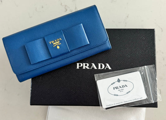 PRADA Blue Saffiano Bow Wallet (New Full Set)