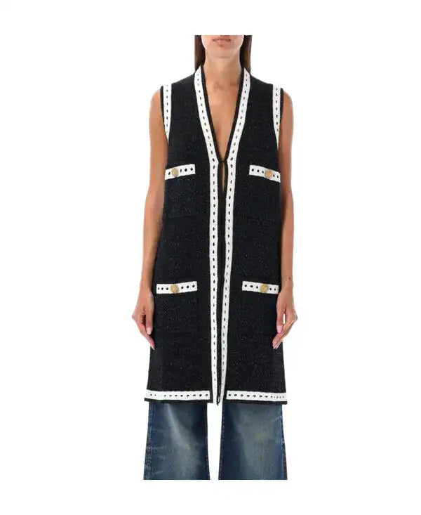 Balmain Black & White Lurex Longline Sleeveless Cardigan Vest Gold Buttons Size: 1 Small | NWT