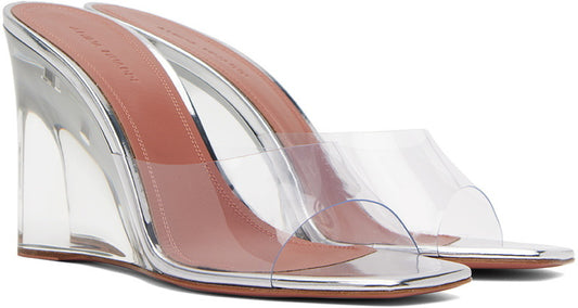 Amina Muaddi Clear PVC & Silver Mirror Wedge Sandals – Size 36.5 – NIB