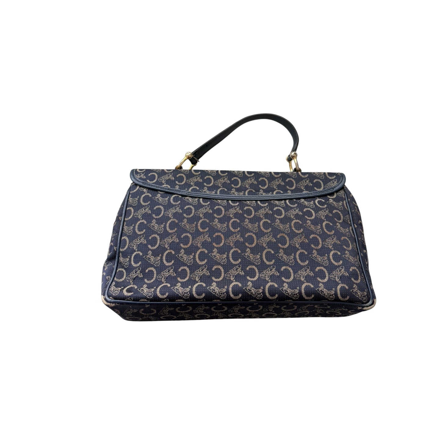 Vintage Celine Monogram Horse Carriage Top Handle Bag – Navy Canvas & Leather Satchel | Made in Italy