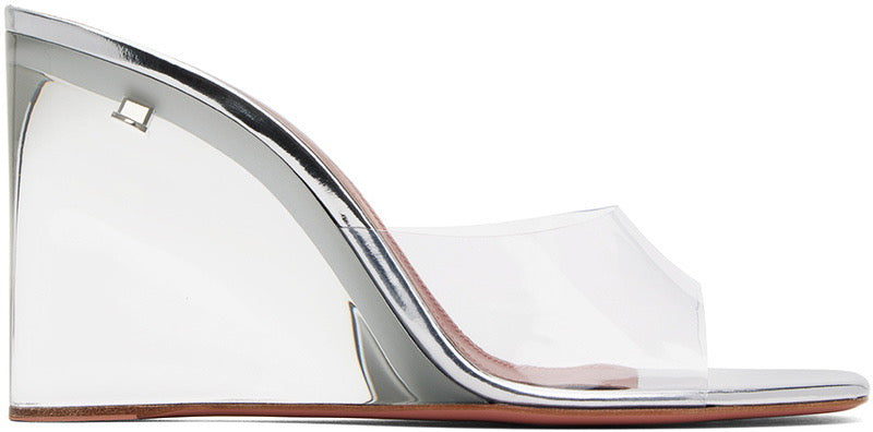 Amina Muaddi Clear PVC & Silver Mirror Wedge Sandals – Size 36.5 – NIB