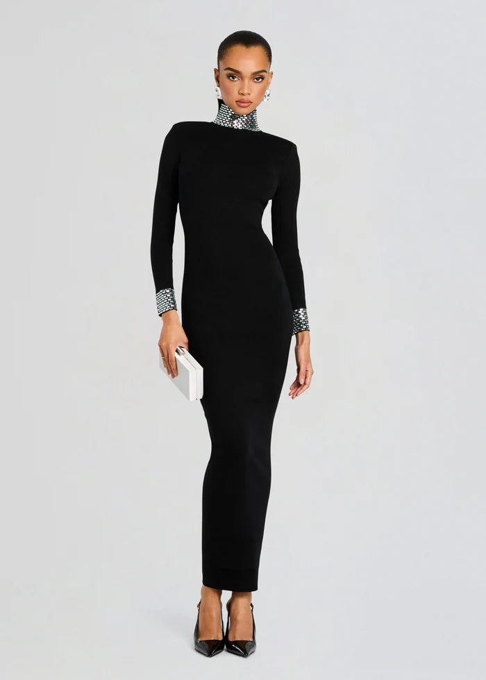 Retrofête Crystal Embellished Mock Neck Maxi Dress – Black | NWT Size Medium