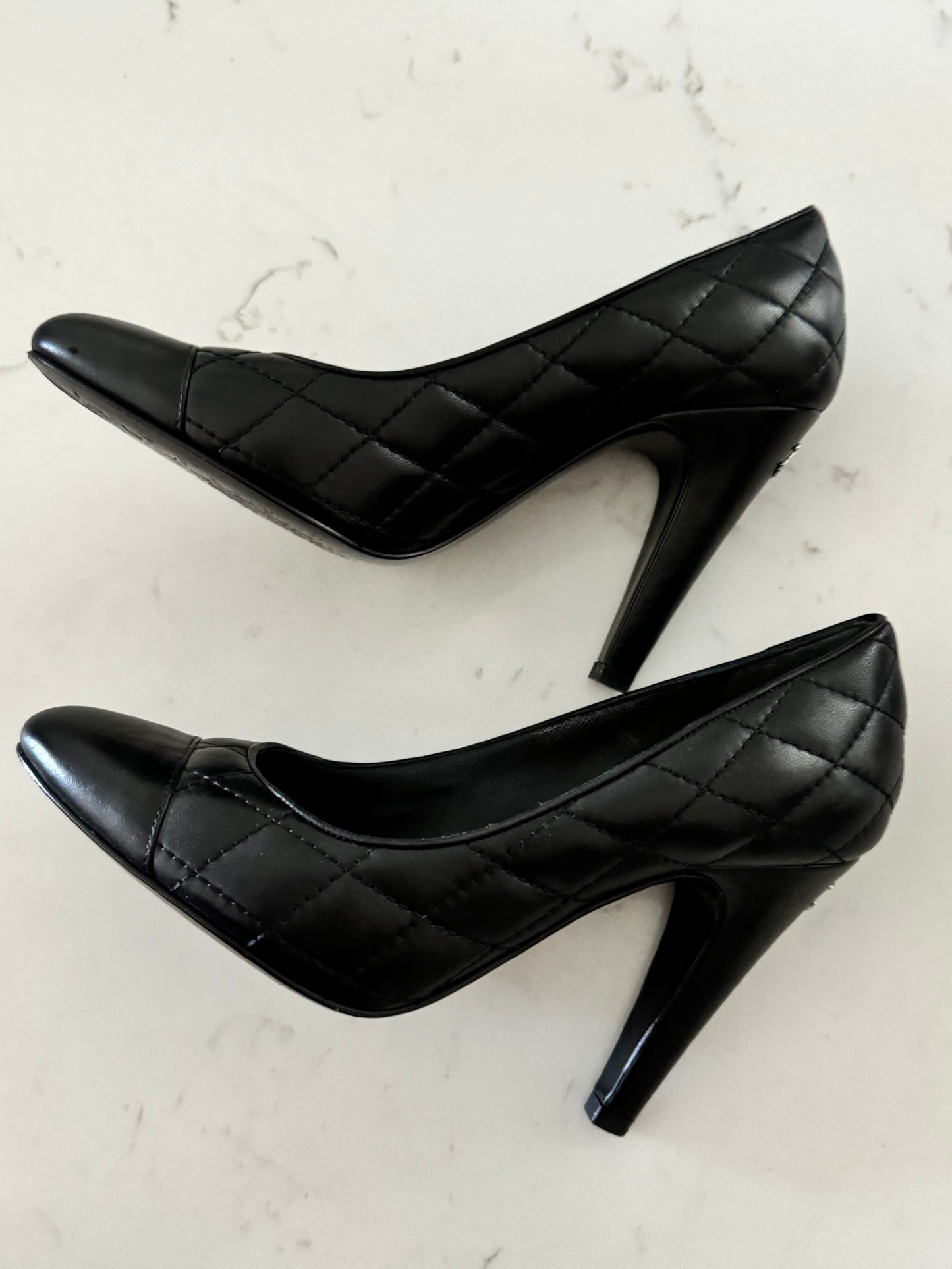 CHANEL Lambskin Quilted Black CC Cap Toe Pumps (Pre-Loved) Size: 35/US 5