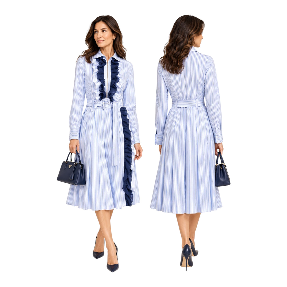 Prada Ruffle-Trimmed Striped Cotton Shirt Dress | IT 48 / US 12
