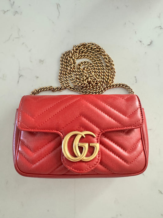 GUCCI Red Super Mini Marmont Matelasse Shoulder Bag with Brushed Gold Hardware (Pre-Loved)