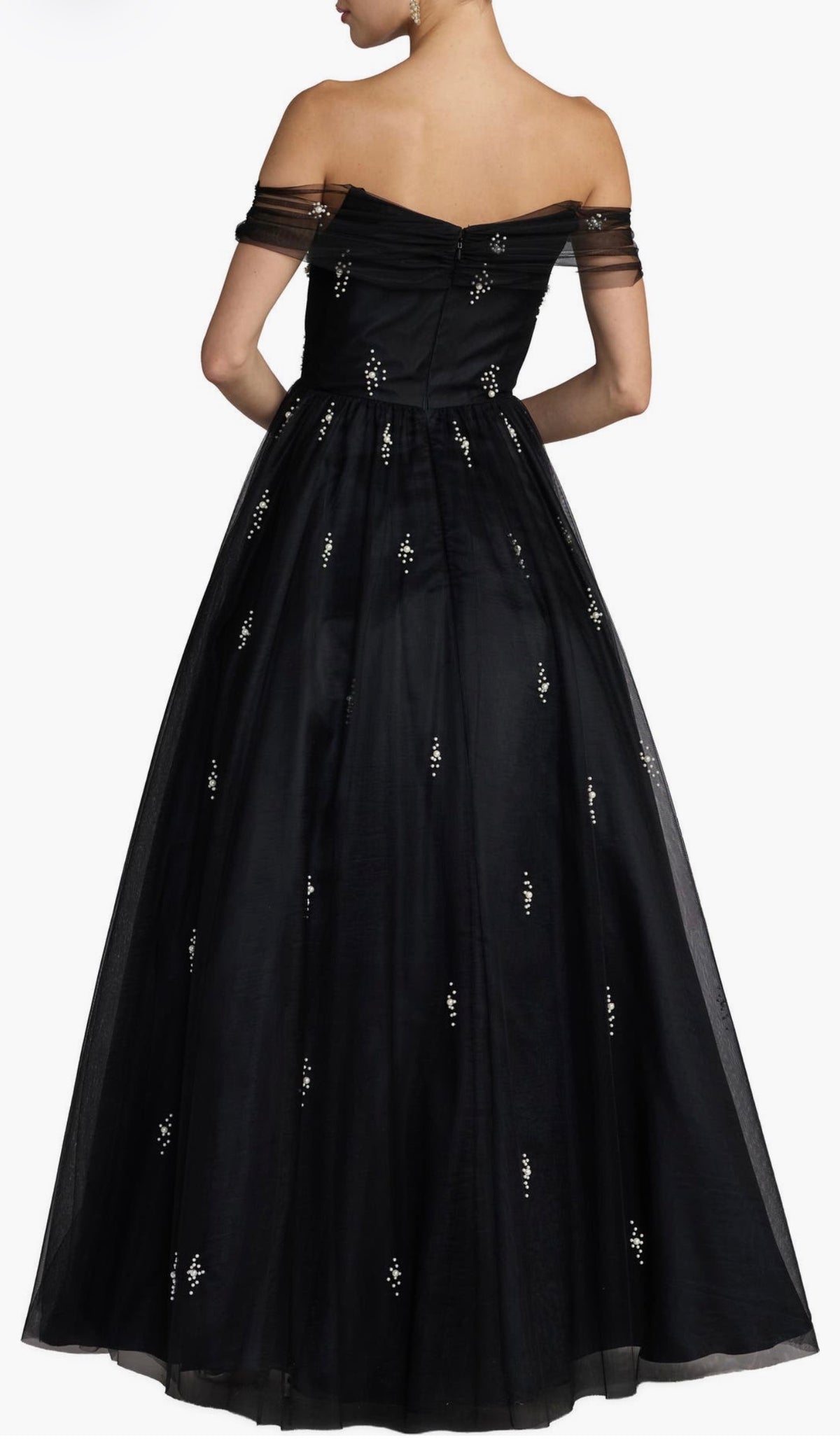 Ieena for Mac Duggal Pearl-Embellished Black Tulle Ball Gown – Size 8 NWOT