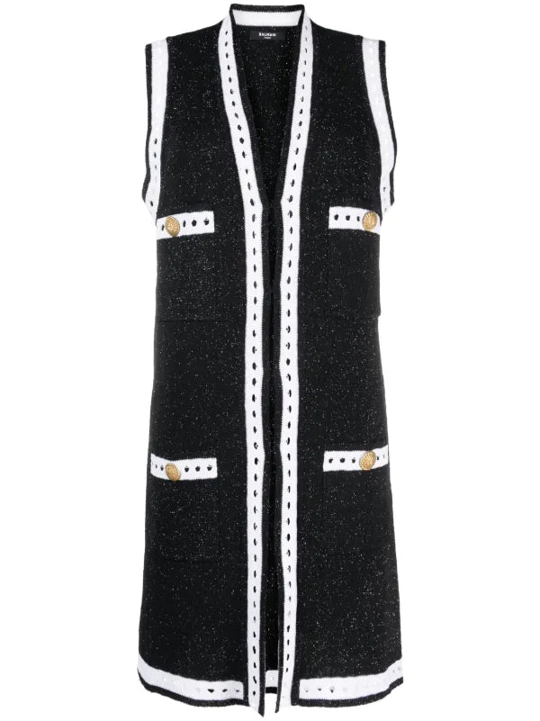 Balmain Black & White Lurex Longline Sleeveless Cardigan Vest Gold Buttons Size: 1 Small | NWT