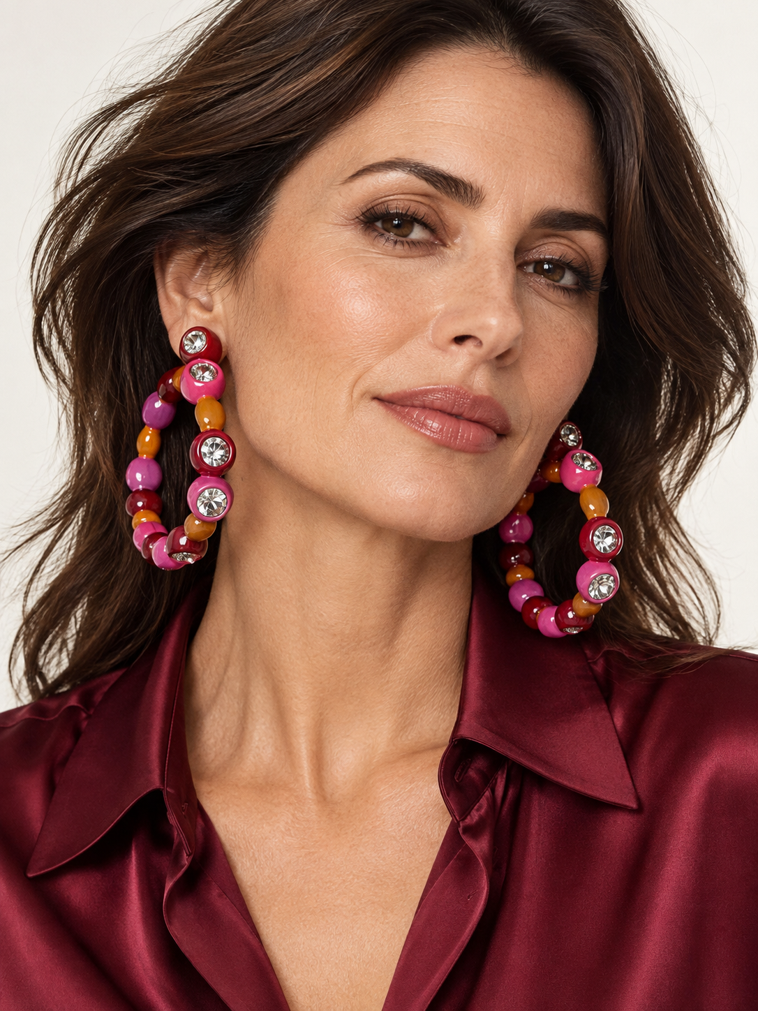 Marni Crystal-Embellished Beaded Hoop Earrings | Pink, Burgundy & Orange | New with Dustbag
