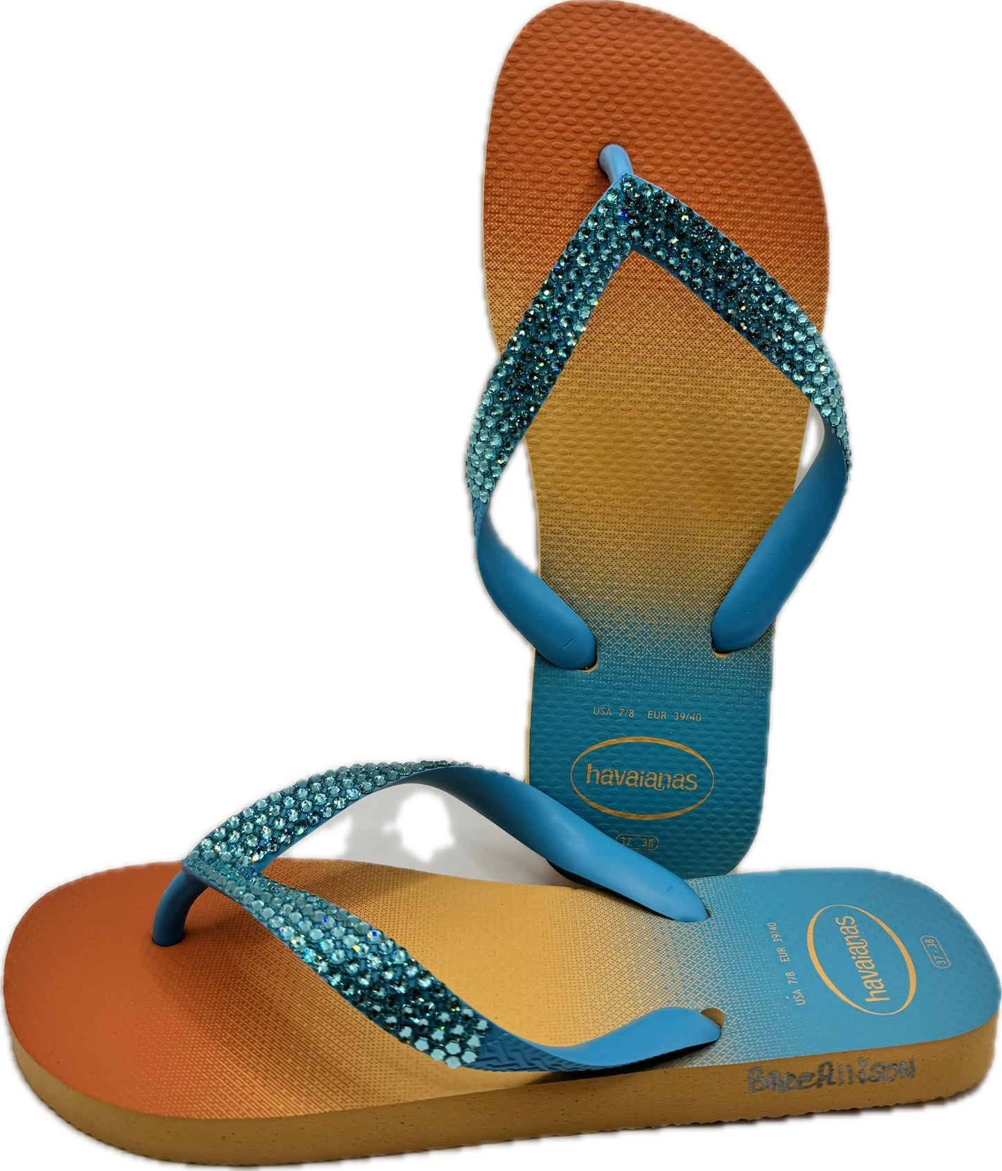 Top Turquoise & Peach Flip Flops | Light Turquoise Crystals