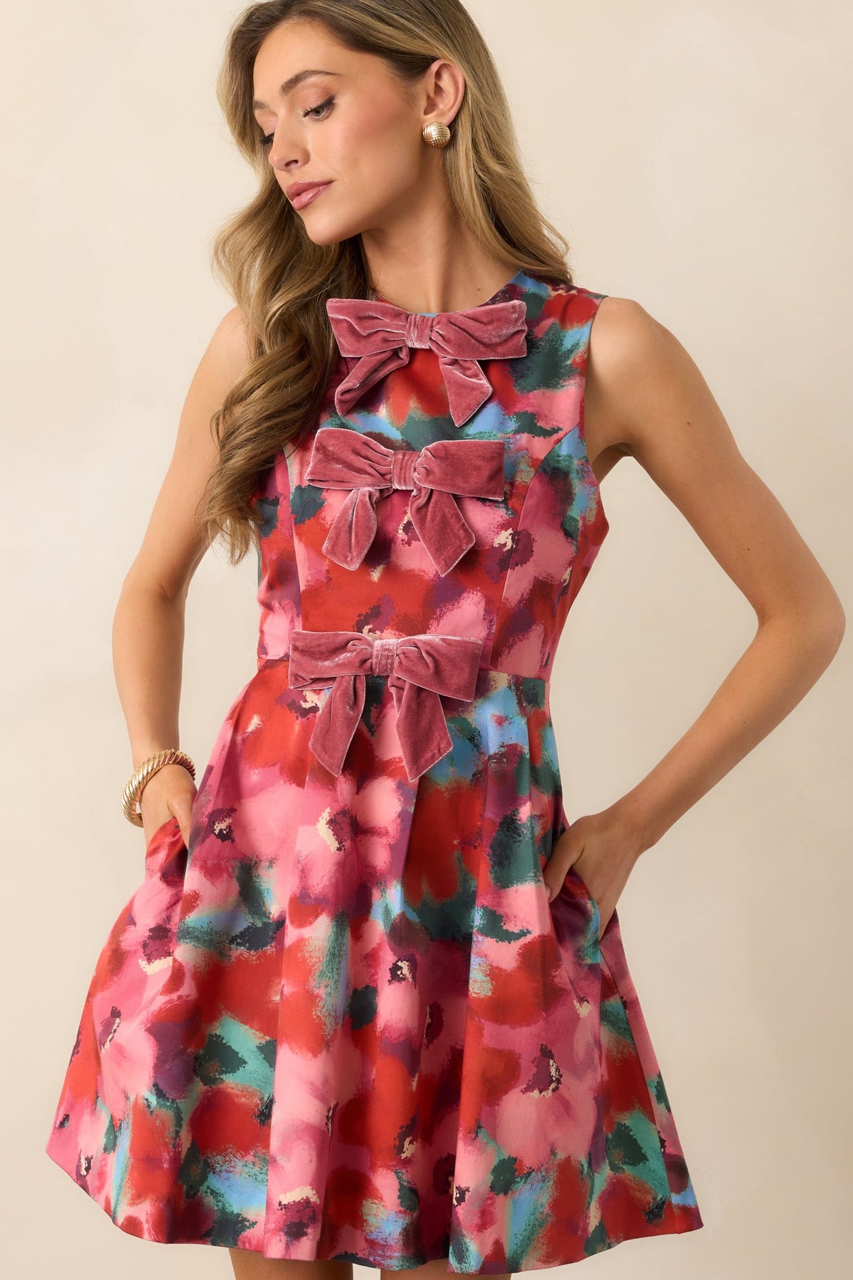 Prosperina Abstract Floral Velvet Bow Mini Dress – Size Large NWT