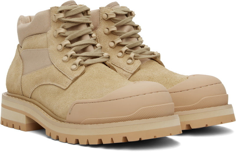 Marni Beige Suede Patchy Combat Boots Chunky Lug Sole Logo Toe Cap Size EU 44 | US 11 NIB