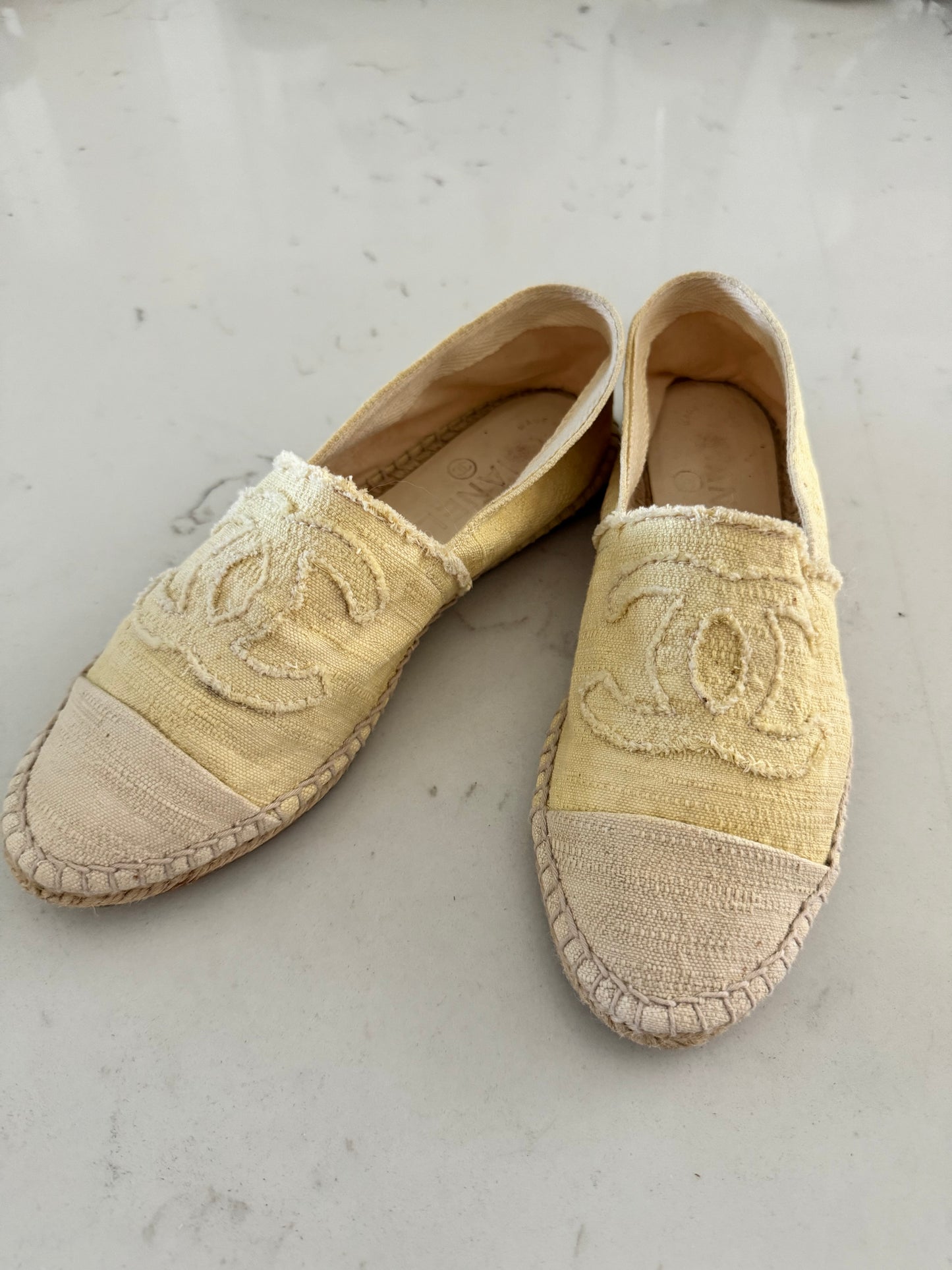 CHANEL - Yellow/Ivory Canvas Espadrilles Size: 38