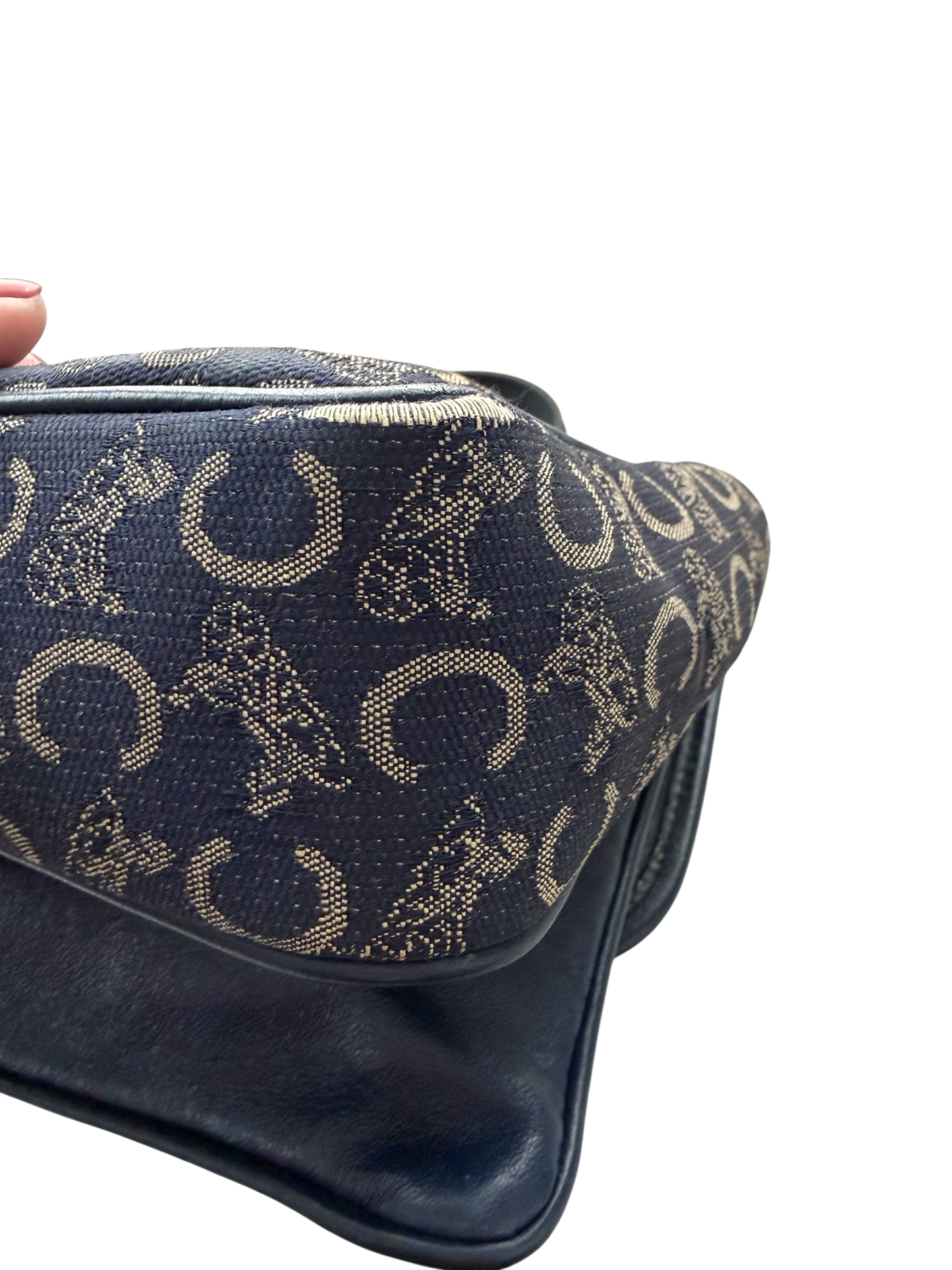 Vintage Celine Monogram Horse Carriage Top Handle Bag – Navy Canvas & Leather Satchel | Made in Italy