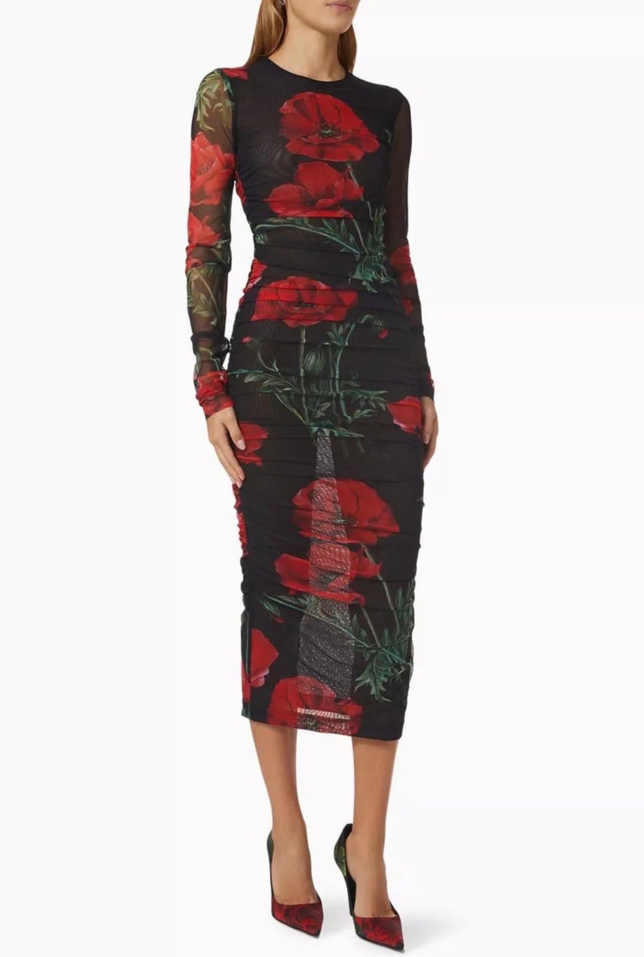 Dolce & Gabbana Poppy Print Ruched Mesh Midi Dress Black Red Floral | NWT | IT 48 / US 12
