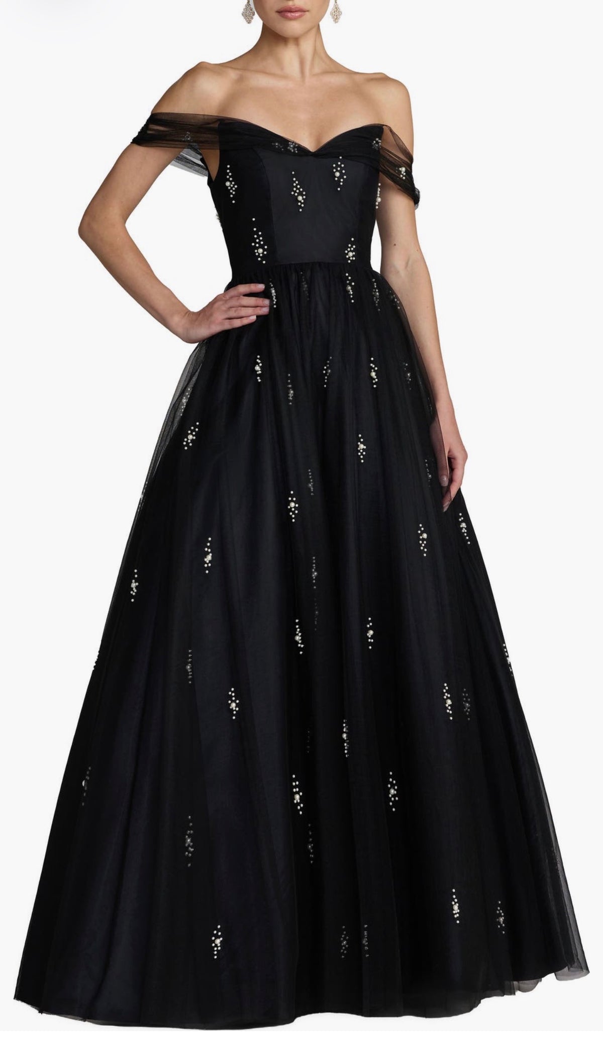 Ieena for Mac Duggal Pearl-Embellished Black Tulle Ball Gown – Size 8 NWOT