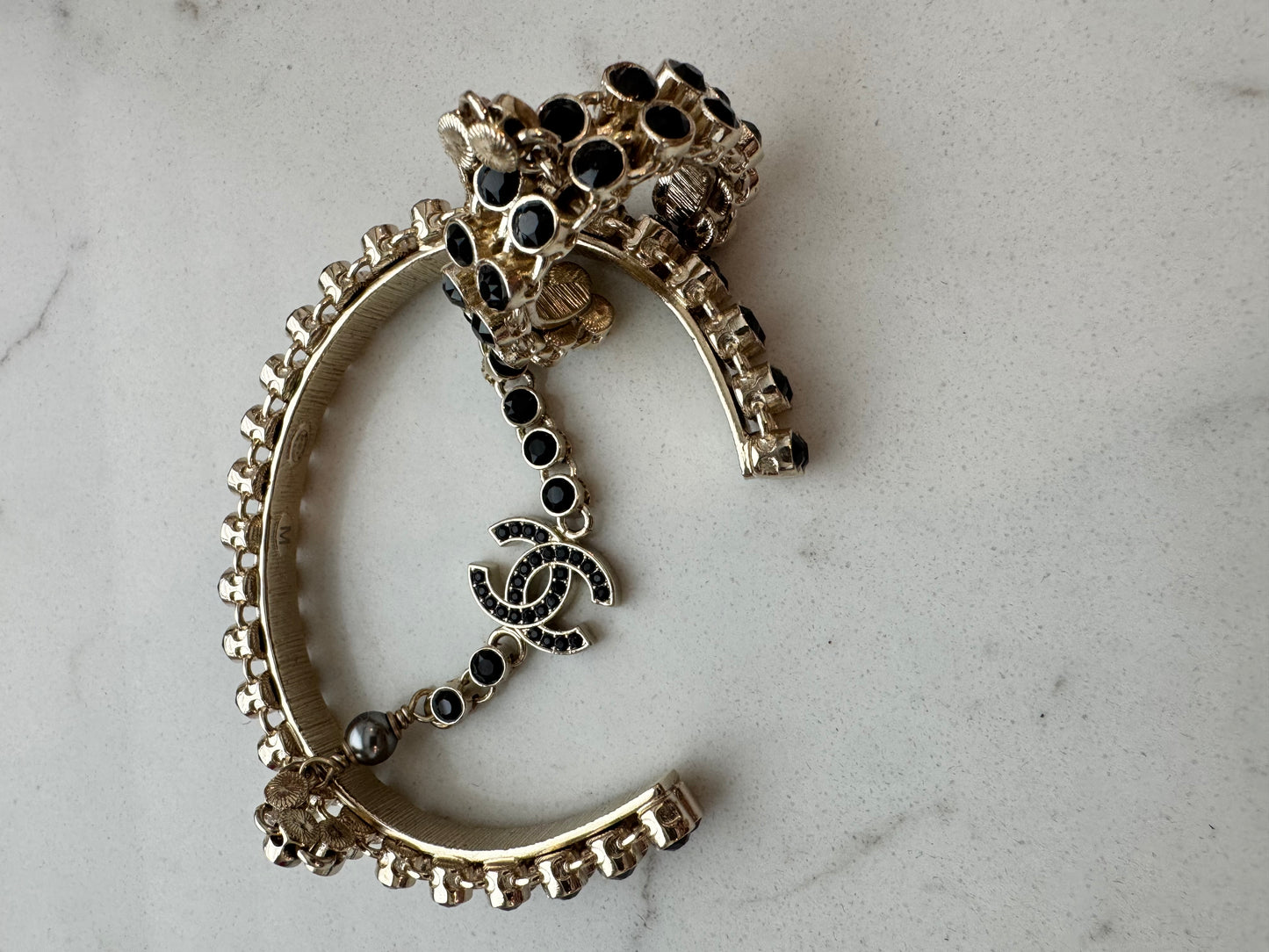 Chanel Gold Black Crystal Cuff Bracelet with Ring