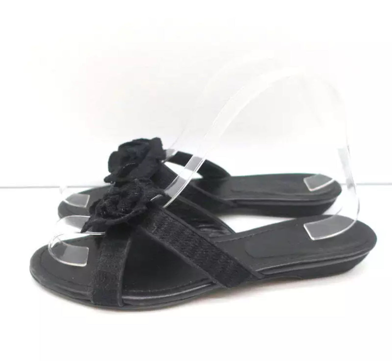 CHANEL Crochet Camelia Crisscross Black Slide Sandals Size: EU37.5/US 6.5-7