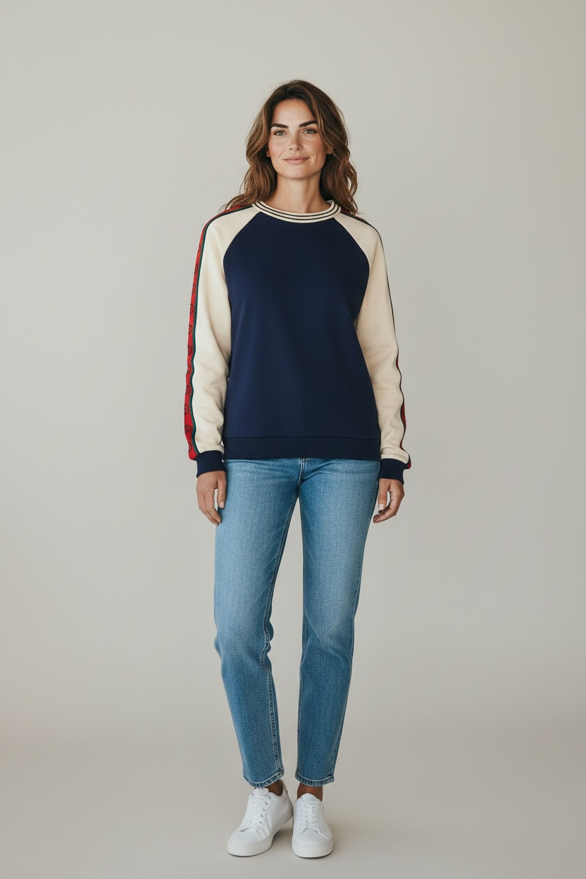 Gucci GG Web Stripe Crewneck Sweatshirt Navy Ivory Red Green Size: Small