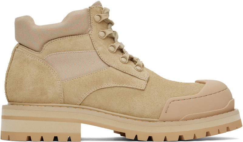 Marni Beige Suede Patchy Combat Boots Chunky Lug Sole Logo Toe Cap Size EU 44 | US 11 NIB