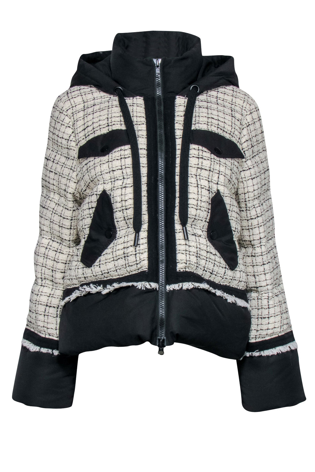 Veronica Beard Women's Hooded Puffer Jacket Black/Cream Size: M (Pre-Loved)