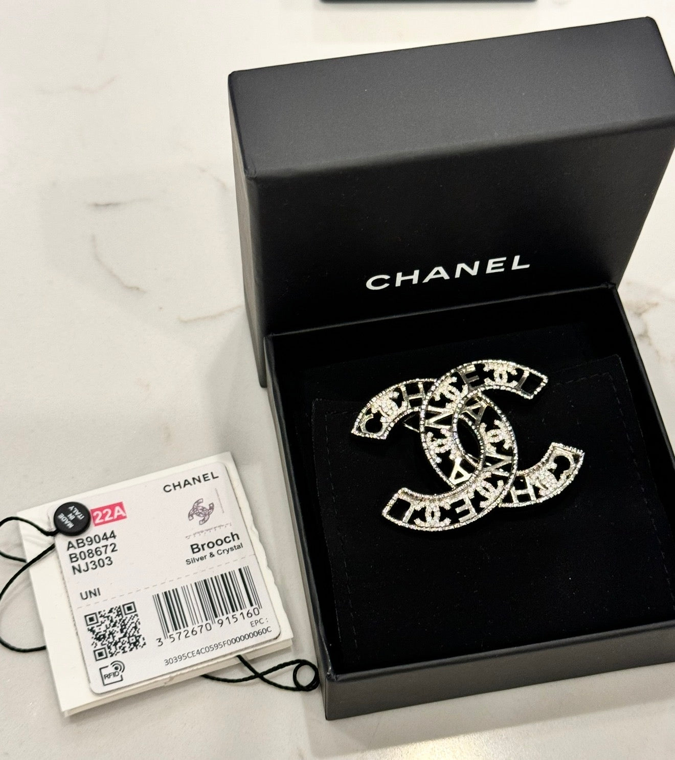 CHANEL Crystal Coco CC Logo Brooch Silver 22A