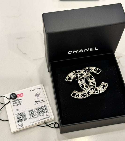 CHANEL Crystal Coco CC Logo Brooch Silver 22A