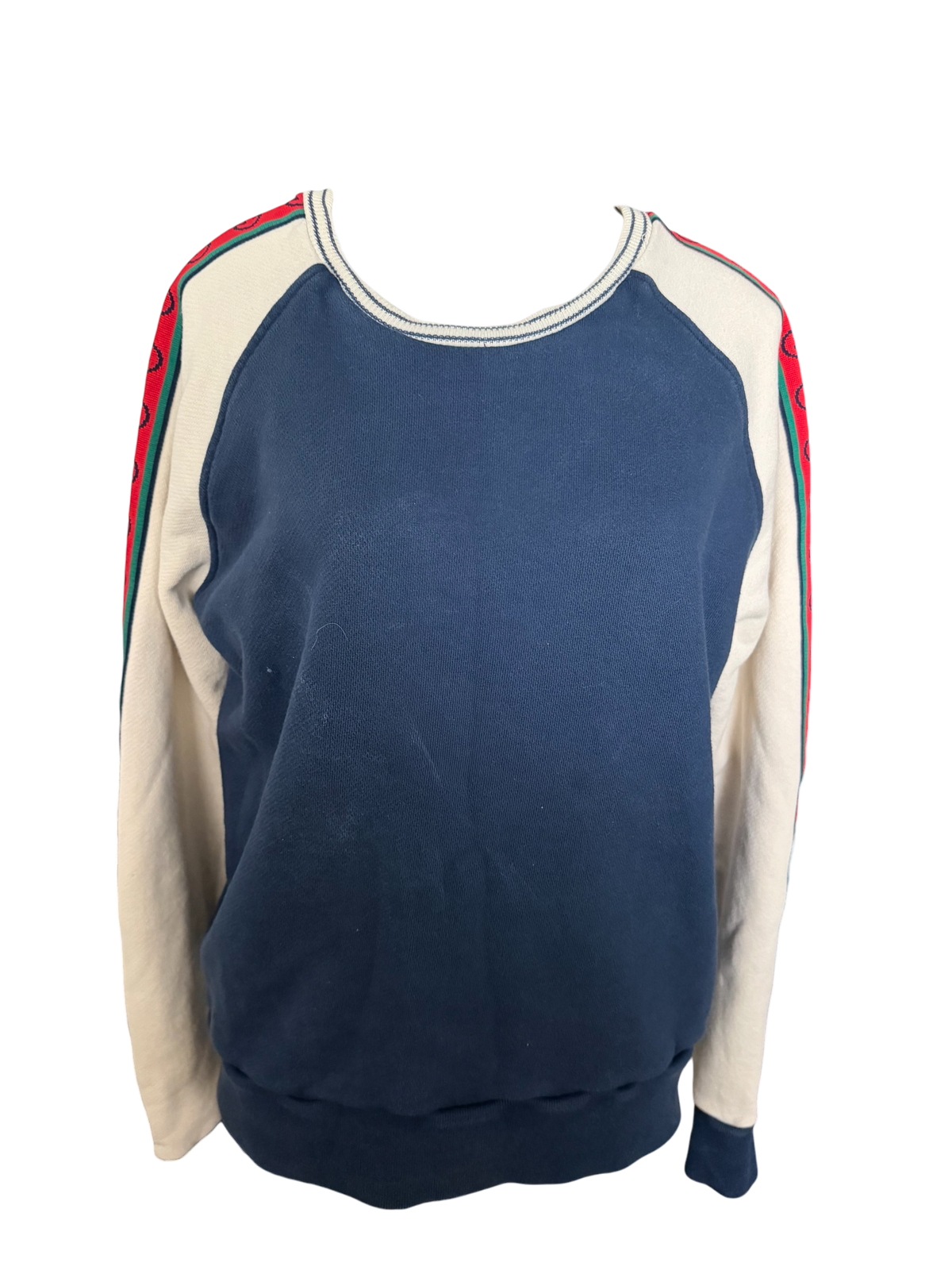 Gucci GG Web Stripe Crewneck Sweatshirt Navy Ivory Red Green Size: Small
