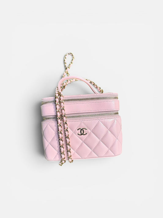 CHANEL Crinkled Pink Lambskin Double Zip Vanity Bag